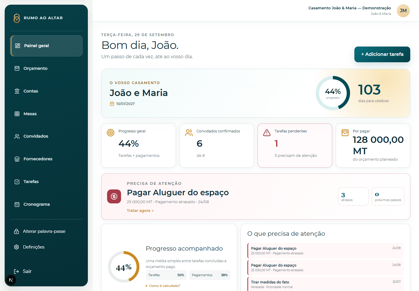Painel geral real da plataforma Rumo ao Altar