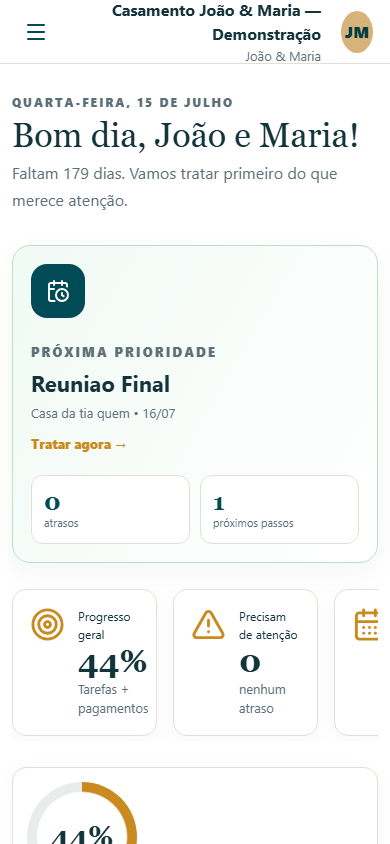 Painel da aplicação Rumo ao Altar no telemóvel